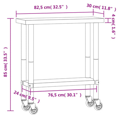 Table De Travail De Cuisine Avec Roues 82,5X30X85 Cm Inox