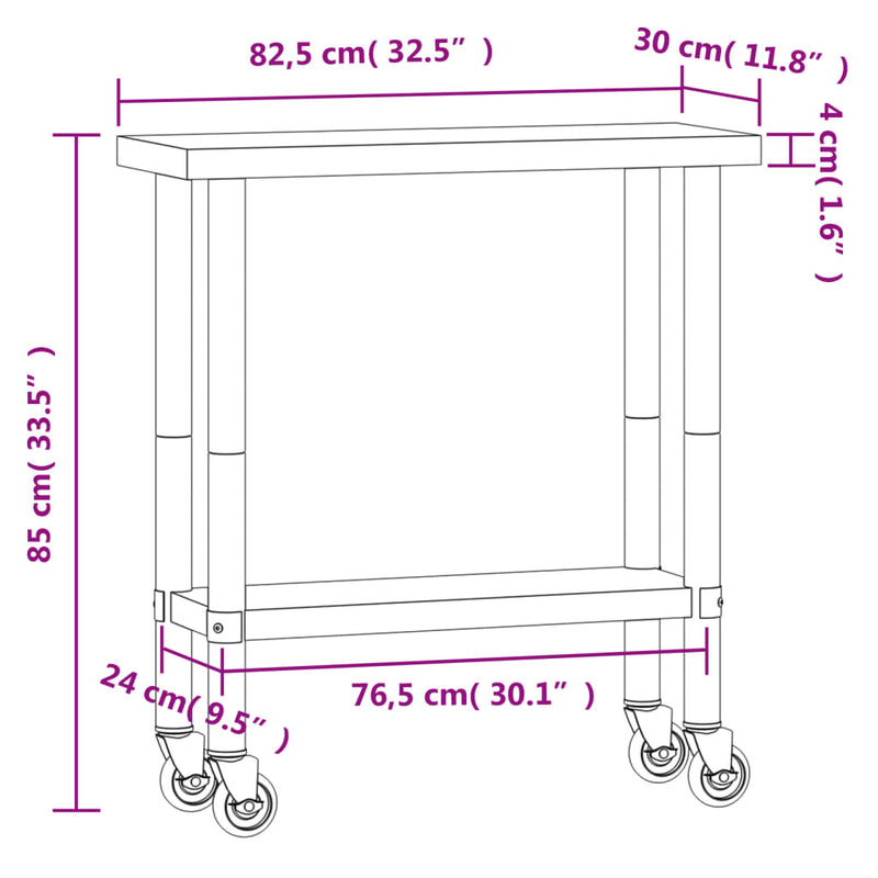 Table De Travail De Cuisine Avec Roues 82,5X30X85 Cm Inox