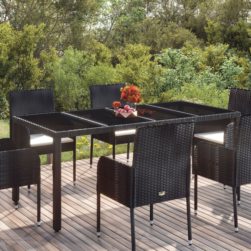 Table de jardin en résine tressée avec dessus en verre noir