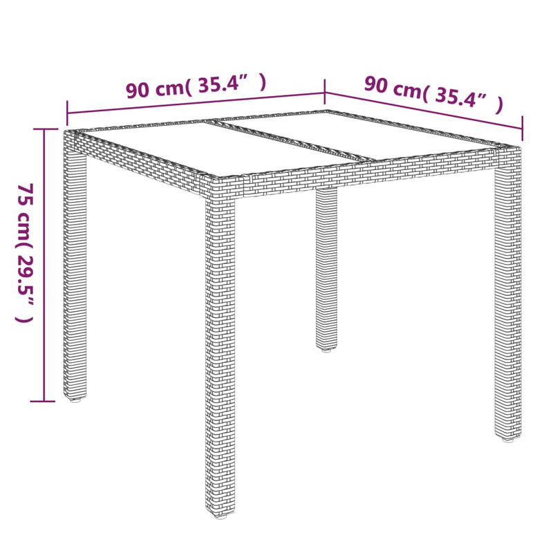 Table de jardin en résine tressée avec dessus en verre noir