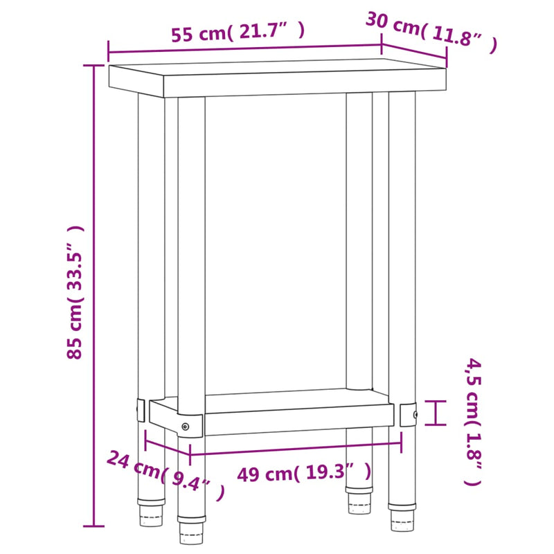 Table de travail pour cuisine en acier inoxydable