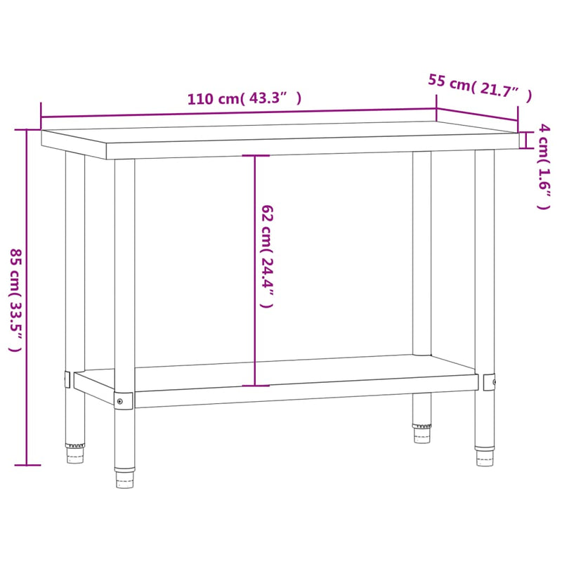 Table de travail pour cuisine en acier inoxydable haut de gamme