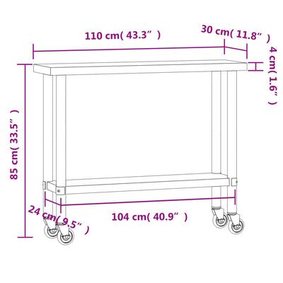 Table de travail pour cuisine en inox avec roues