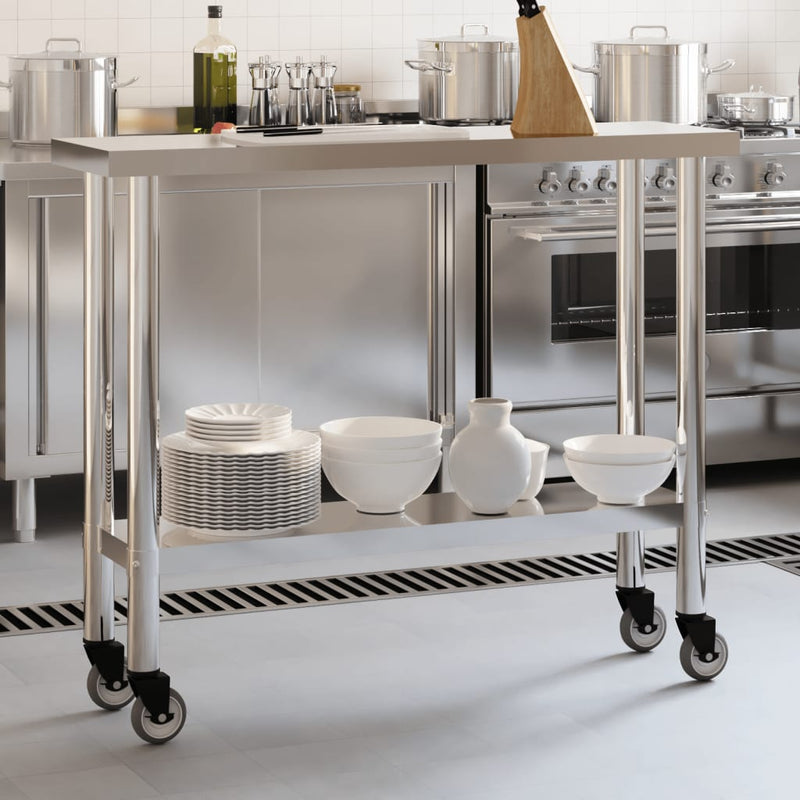 Table de travail pour cuisine en inox avec roues