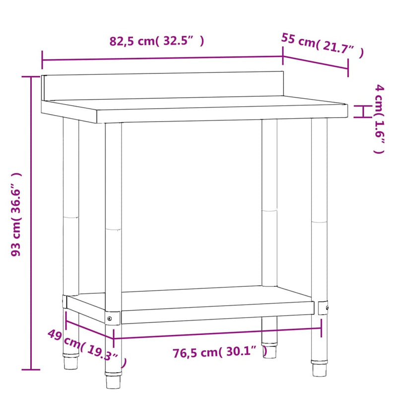 Table de travail pour cuisine solide en inox avec dosseret