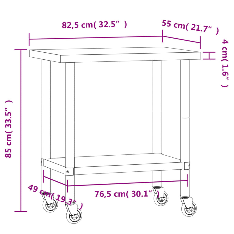 Table de travail professionnelle mobile pour cuisine en acier inoxydable