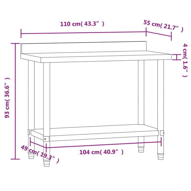 Table de travail professionnelle pour cuisine en acier inoxydable avec dosseret