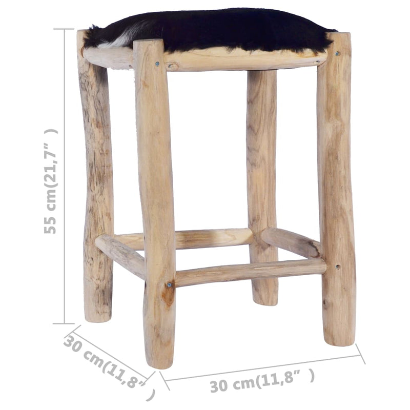 Tabouret pour bar unique en cuir de chèvre véritable et bois de teck solide